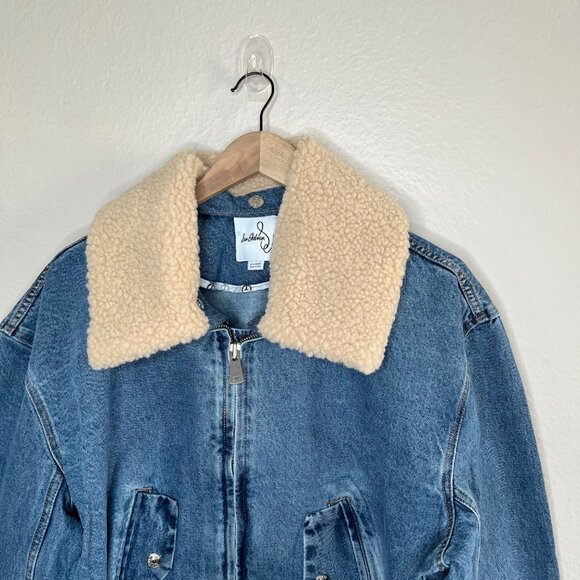 Sam Edelman Mesa High-Pile Fleece Collar Zip-Up Crop Denim Moto Jacket XL - Picture 3 of 10